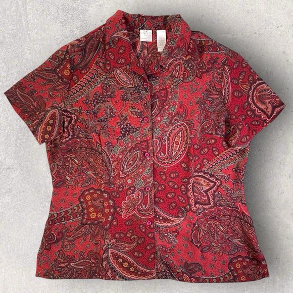 Emma James Button Up Womens Semi Sheer Top Size 16 Paisley Print Short Sleeve - Picture 1 of 10